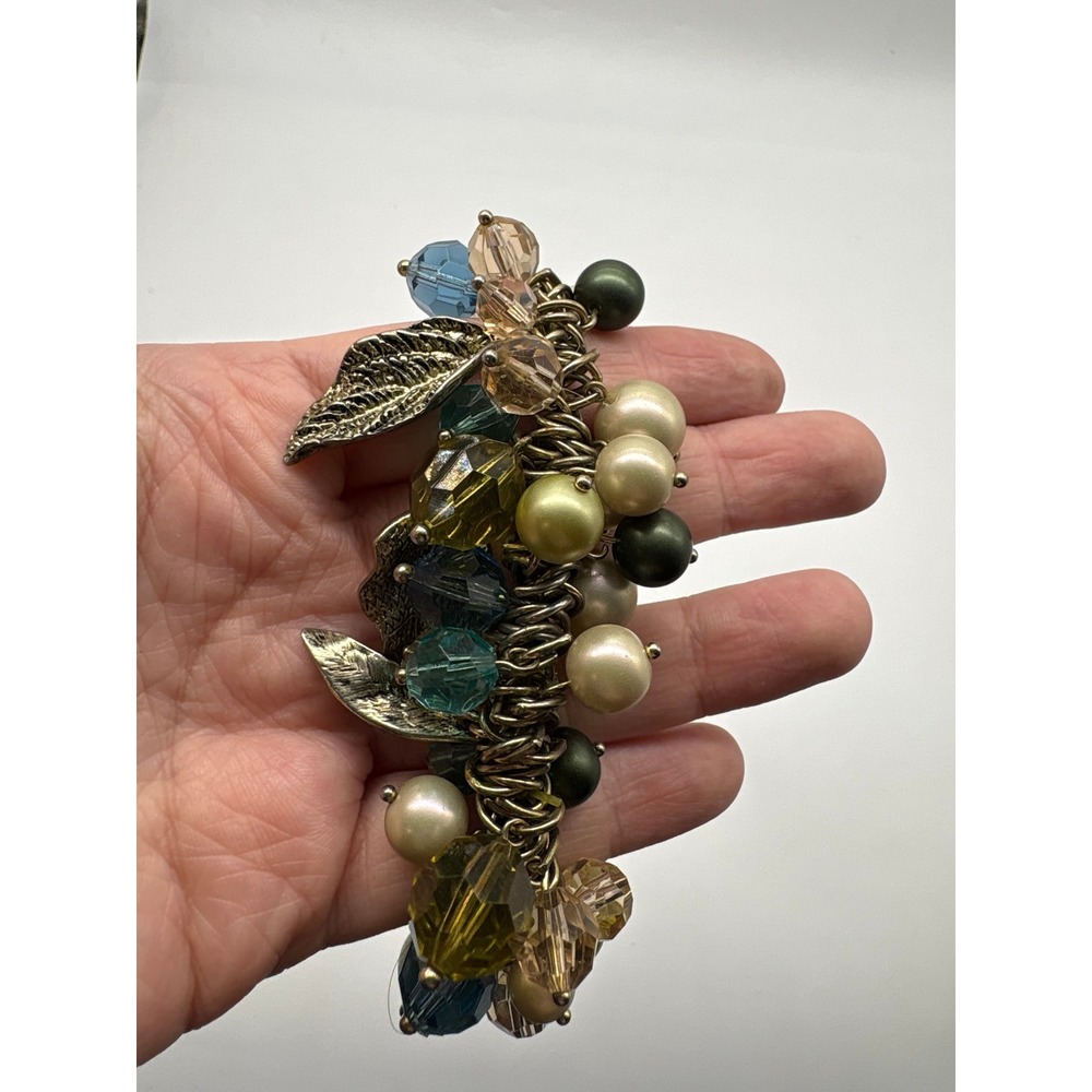 Bronze Leaf Cluster Stretch Bracelet Teal Glass Beads Faux Pearl J930